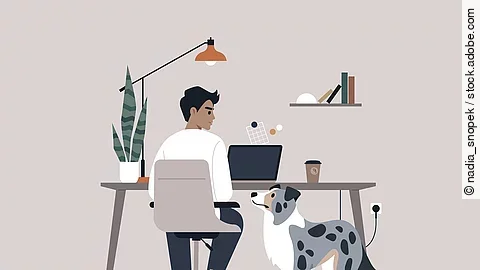 Ein Mann sitzt an einem Schreibtisch. Neben dem Mann steht ein Hund und schaut zu der Person hinauf. Der Hund ist ein Border Collie. Das Bild ist gezeichnet. 