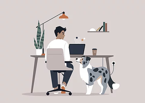 Ein Mann sitzt an einem Schreibtisch. Neben dem Mann steht ein Hund und schaut zu der Person hinauf. Der Hund ist ein Border Collie. Das Bild ist gezeichnet. 