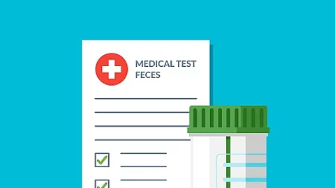 Plastic jar stool feces test analysis and medical form list with