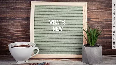 Auf einer Holztafel steht in weißen Buchstaben "WHATS NEW". Vor der Tafel steht auf der einen Seite eine Kaffeetasse und auf der anderen Seite eine grüne Topfpflanze. 
