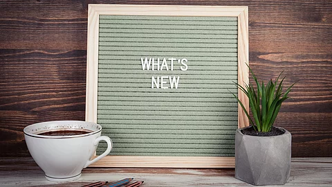 Auf einer Holztafel steht in weißen Buchstaben "WHATS NEW". Vor der Tafel steht auf der einen Seite eine Kaffeetasse und auf der anderen Seite eine grüne Topfpflanze. 