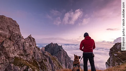 Ein Mann steht mit seinem Schäferhund zusammen auf einem Berggipfel und genießt die Aussicht. Der Himmel leuchtet in allen Rosatönen, da gerade die Sonne aufgeht. Ein Mann steht mit seinem Schäferhund zusammen auf einem Berggipfel und genießt die Aussicht. Der Himmel leuchtet in allen Rosatönen, da gerade die Sonne aufgeht.