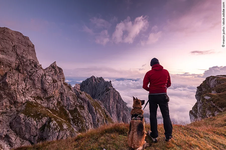 Ein Mann steht mit seinem Schäferhund zusammen auf einem Berggipfel und genießt die Aussicht. Der Himmel leuchtet in allen Rosatönen, da gerade die Sonne aufgeht.