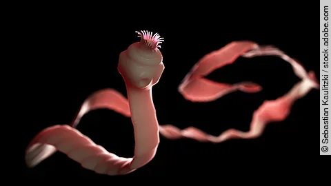 Medizinisch exakte 3D-Rendering-Darstellung eines Bandwurms. Der Bandwurm ist vor einem schwarzen Hintergrund dargestellt. Der Wurm stellt sich in roter Farbe da und hat einen langen Körper. Das Kopfteil ist rundlich angelegt mit einem Saugnapf.  