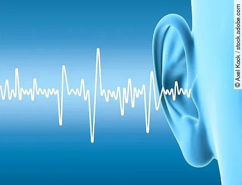 Ein animiertes Bild in Blautönen auf dem man sieht, dass Schallwellen ins Ohr eines Mannes gelangen.