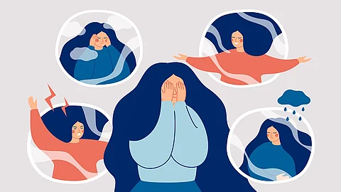 Konzeptzeichnung, junge Frau umgeben von Stressfaktoren