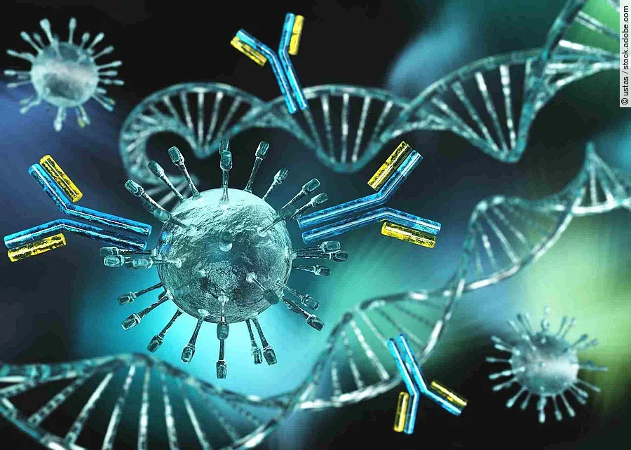 antibodies attack the virus, virus close-up with antibodies agai