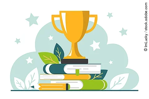 Golden trophy cup standing on the book stack vector isolated.