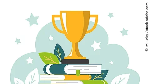 Golden trophy cup standing on the book stack vector isolated.