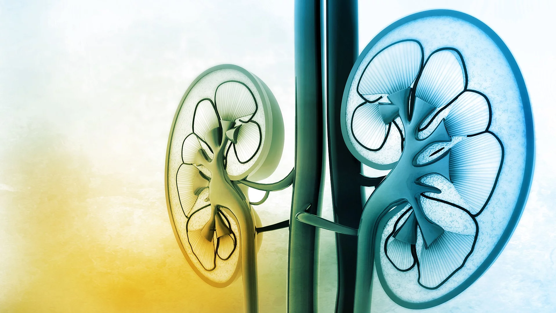 Abstrakter Querschnitt einer menschlichen Niere. Die Nieren sind in blau und grüner Farbe dargestellt. IN der Mitte wird die Blutversorgung abgebildet.