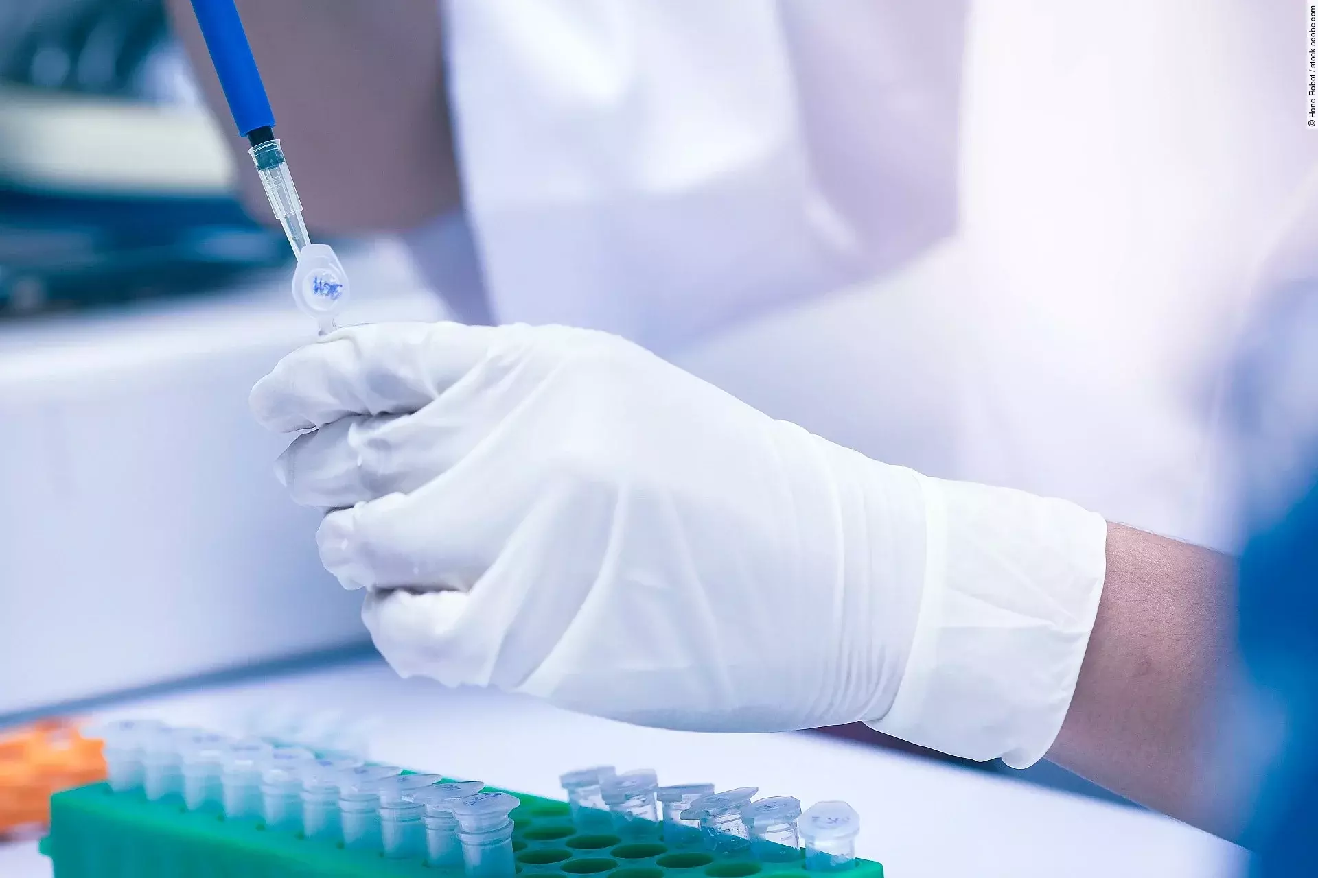 Eine Hand hält ein Eppendorf-Gefäß fest. Mit der anderen Hand wird mit Hilfe einer Spritze und Kanüle Flüssigkeit aus dem Gefäß entnommen. Die Person trägt Handschuhe und sitzt in einem Labor. Vor der Person stehen noch weitere Eppendorf-Gefäße. 