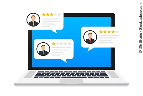 Vor einem Laptop sind Symbole für anonyme Bewertungen.