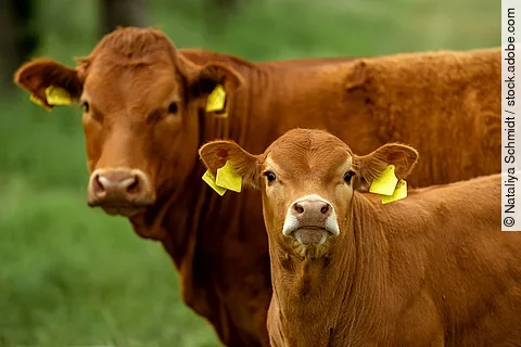 Zwei Kühe stehen draußen auf einer Weide. Beide sind hornlos und haben rötliches Fell. Die hintere Kuh ist ausgewachsen, während das vordere Tier ein Kalb ist.