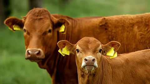 Zwei Kühe stehen draußen auf einer Weide. Beide sind hornlos und haben rötliches Fell. Die hintere Kuh ist ausgewachsen, während das vordere Tier ein Kalb ist.