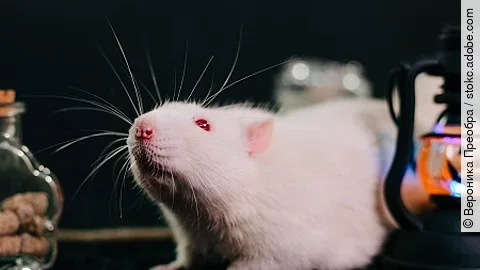White decorative rat sits on a black background among orange pum
