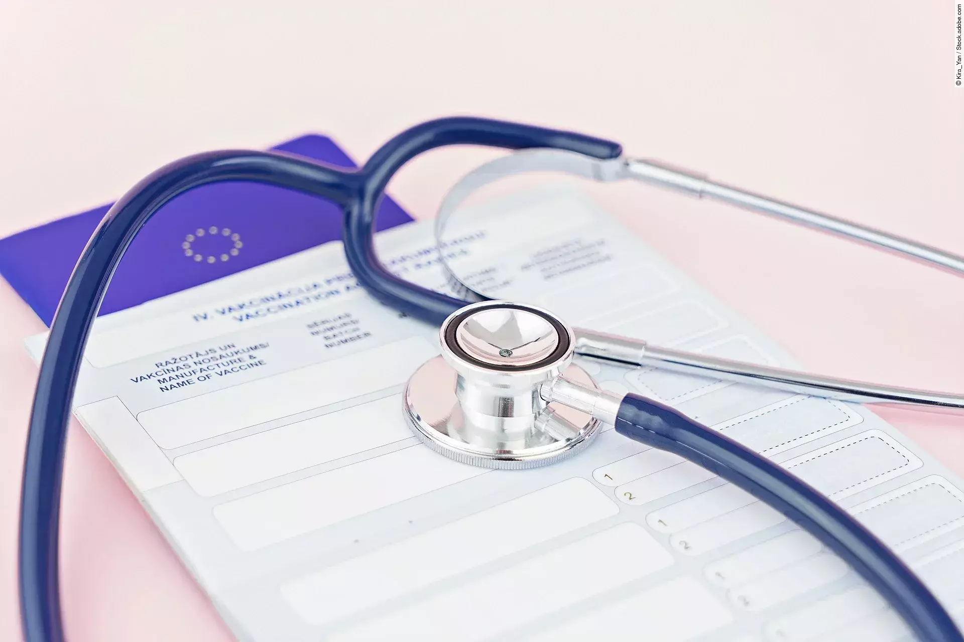 Stethoscope and pet animal vet passport. Time to do the vaccination. The concept of preparing pet for travel. First puppy vaccination and pet care, shallow depth of field Ein EU-Heimtierausweis und ein Stethoskop liegen auf einem Tisch.