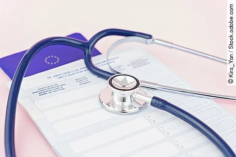 Ein EU-Heimtierausweis und ein Stethoskop liegen auf einem Tisch.