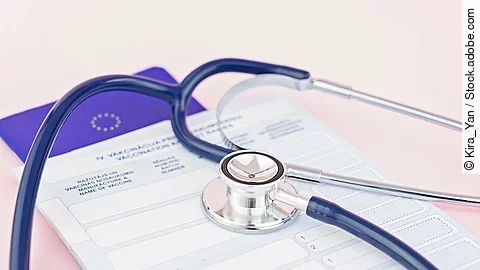 Ein EU-Heimtierausweis und ein Stethoskop liegen auf einem Tisch.