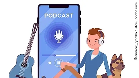 Young man enjoys listening to podcasts on smartphone