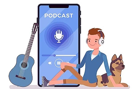 Young man enjoys listening to podcasts on smartphone