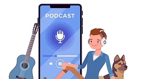 Young man enjoys listening to podcasts on smartphone