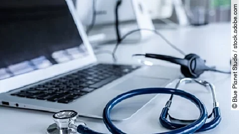 Headset and doctor equipment at clinic ready for actively suppor