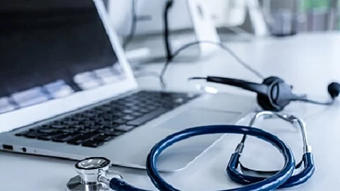 Headset and doctor equipment at clinic ready for actively suppor