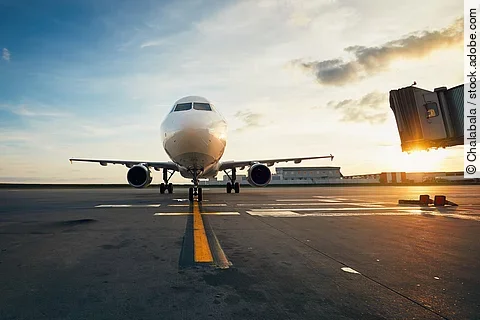 Ein Flugzeug steht auf der Landebahn. Im Hintergrund ist der Sonnenuntergang zu sehen.