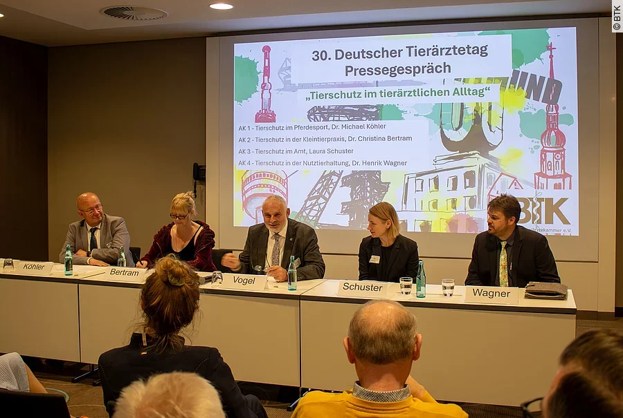 Bei der Pressekonferenz zum 30. Deutschen Tierärztetag saßen 5 Referent*innen nebeneinander an einem langen Tisch.