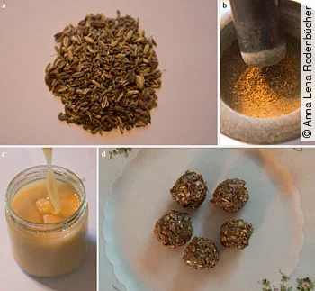 Zutaten für die Zubereitung einer Latwerge: Von Honig über Fenchel bis zu Kümmel.