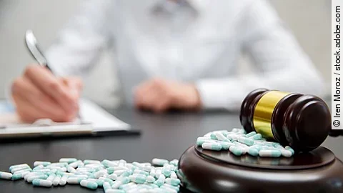 Medicine law concept. Judges gavel with pills