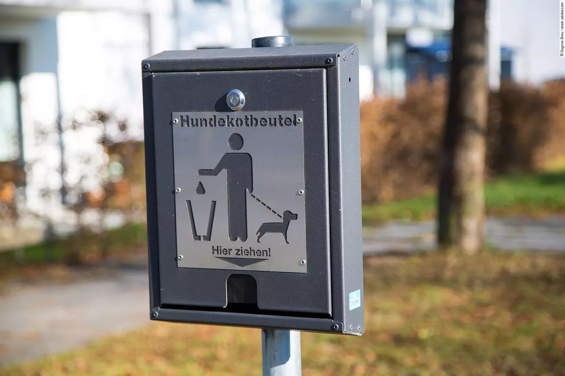 Eine Kotbeutelspender hängt in Wohnanlage und weist darauf hin, dass man die Hinterlassenschaften seines Hundes entfernt soll.
