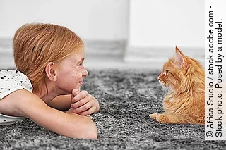 Beautiful little girl lying on floor with red fluffy cat Beautiful little girl lying on floor with red fluffy cat