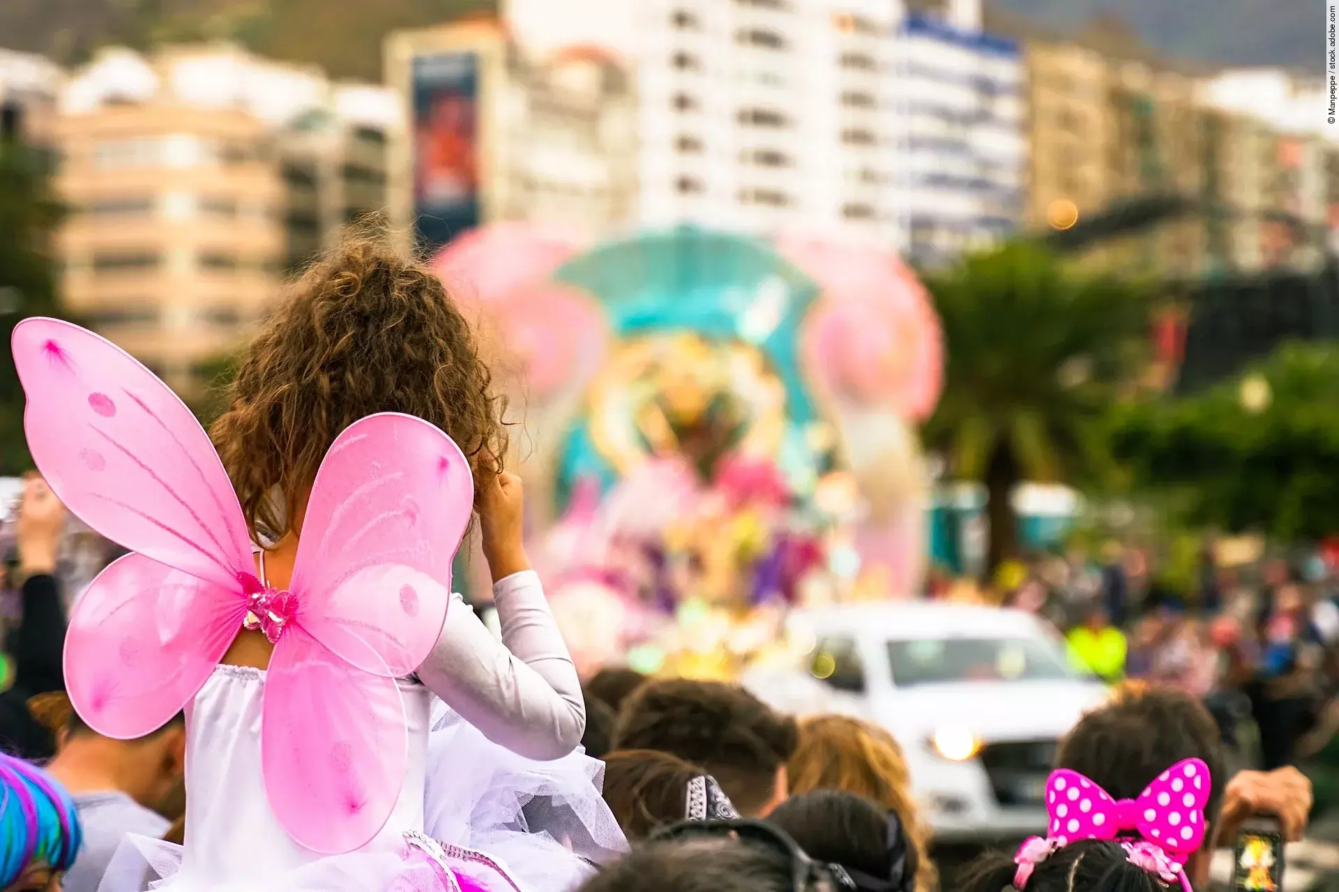 Verkleidete Personen schauen einem Karnevalsumzug zu.