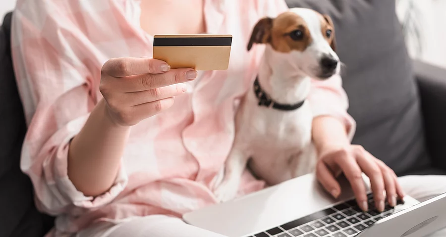 partial view of young woman holding credit card near dog and laptop while online shopping at home, banner Eine Frau sitzt auf einem Sofa. Auf ihrem Schoß sitzt ein kleiner Jack Russell Terrier mit weiß-braunem und glattem Fell. Außerdem hält die Person in der rechten Hand eine Bankkarte. Auf ihren Knien ist ein Laptop abgestellt, wessen sie mit der linken Hand bedient.