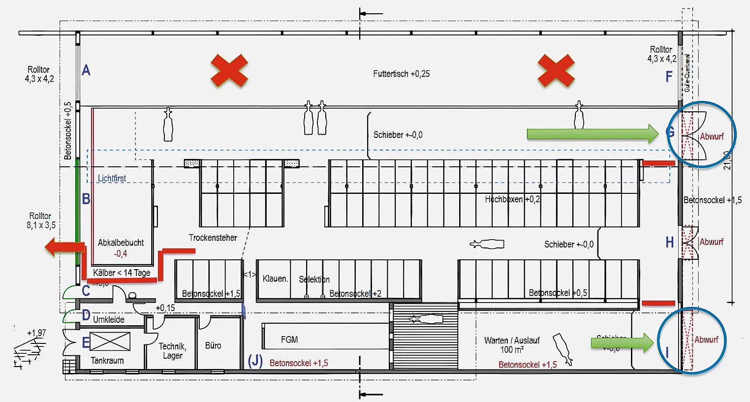 Ein beispielhafter Stallplan mit Kennzeichnung möglicher Rettungsöffnungen für den Notfall. Ein beispielhafter Stallplan mit Kennzeichnung möglicher Rettungsöffnungen für den Notfall.