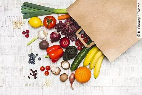 Lebensmittel liegen vor einer Papiertüte ausgebreitet.