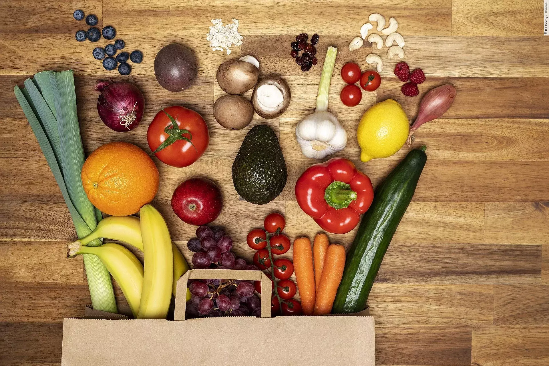 Eine Einkaufstasche voller gesundem Obst und Gemüse liegt ordentlich ausgebreitet auf dem Tisch.