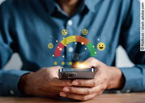 Man giving five star by smartphone, customer satisfaction feedba