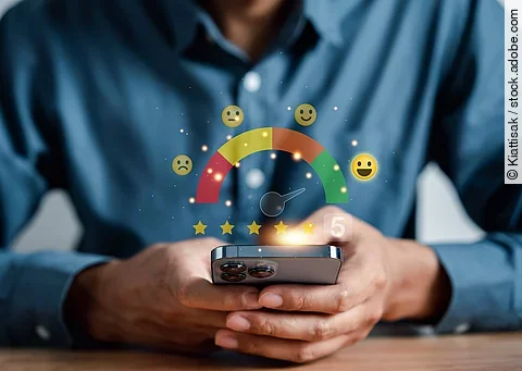 Man giving five star by smartphone, customer satisfaction feedba