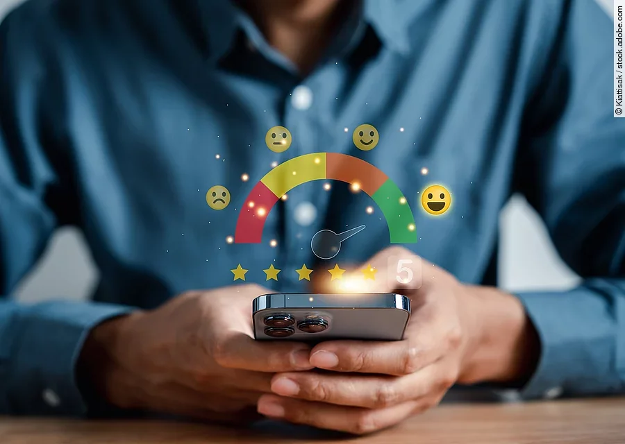 Man giving five star by smartphone, customer satisfaction feedba