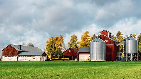 Ein Bauernhof in klassichem Schwedenrot hat eine große grünen Wiese und neu aussehende Silos.
