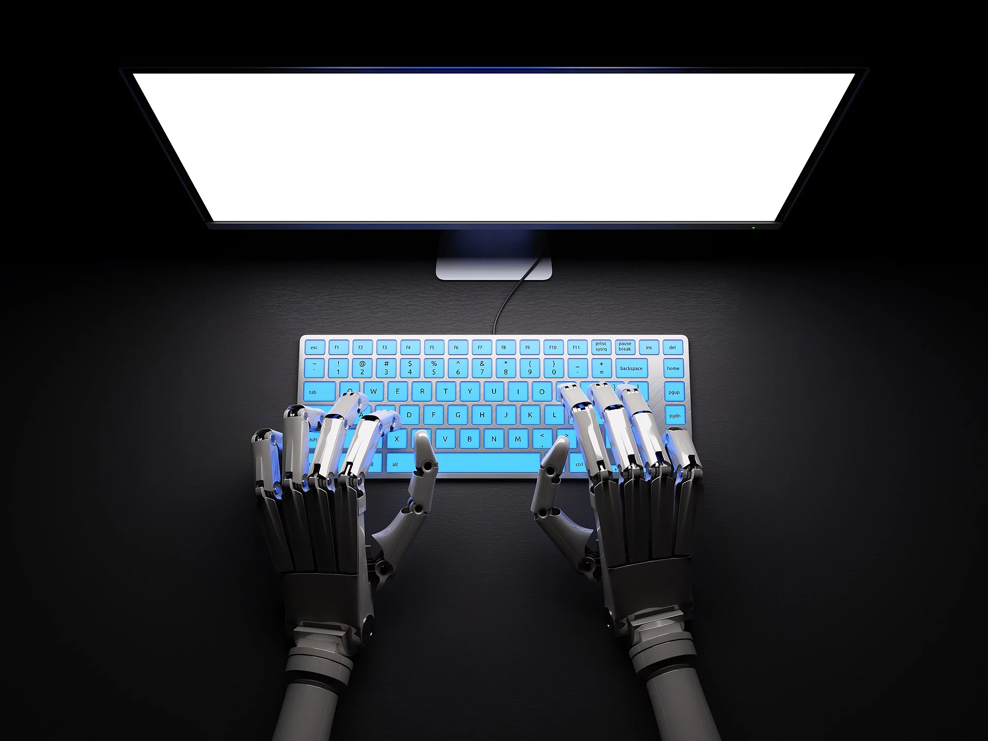 Roboter sitzt im Dunkeln an PC.