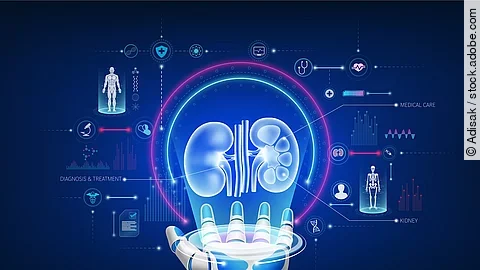 Futuristic medical cybernetic robotics technology. Human kidney virtual hologram float away from robot hand with medical icon. Innovation artificial intelligence robots assist care health. 3D Vector.