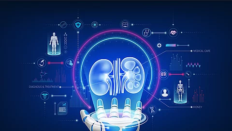 Futuristic medical cybernetic robotics technology. Human kidney virtual hologram float away from robot hand with medical icon. Innovation artificial intelligence robots assist care health. 3D Vector.