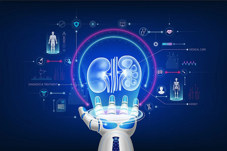 Futuristic medical cybernetic robotics technology. Human kidney virtual hologram float away from robot hand with medical icon. Innovation artificial intelligence robots assist care health. 3D Vector.