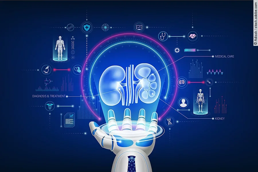 Futuristic medical cybernetic robotics technology. Human kidney virtual hologram float away from robot hand with medical icon. Innovation artificial intelligence robots assist care health. 3D Vector.
