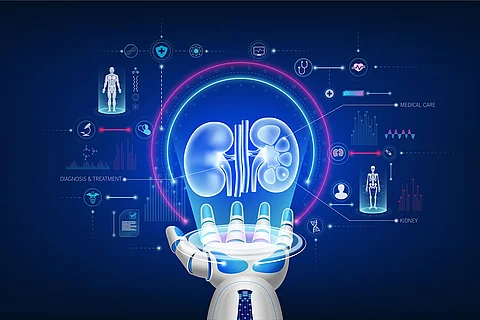 Futuristic medical cybernetic robotics technology. Human kidney virtual hologram float away from robot hand with medical icon. Innovation artificial intelligence robots assist care health. 3D Vector.