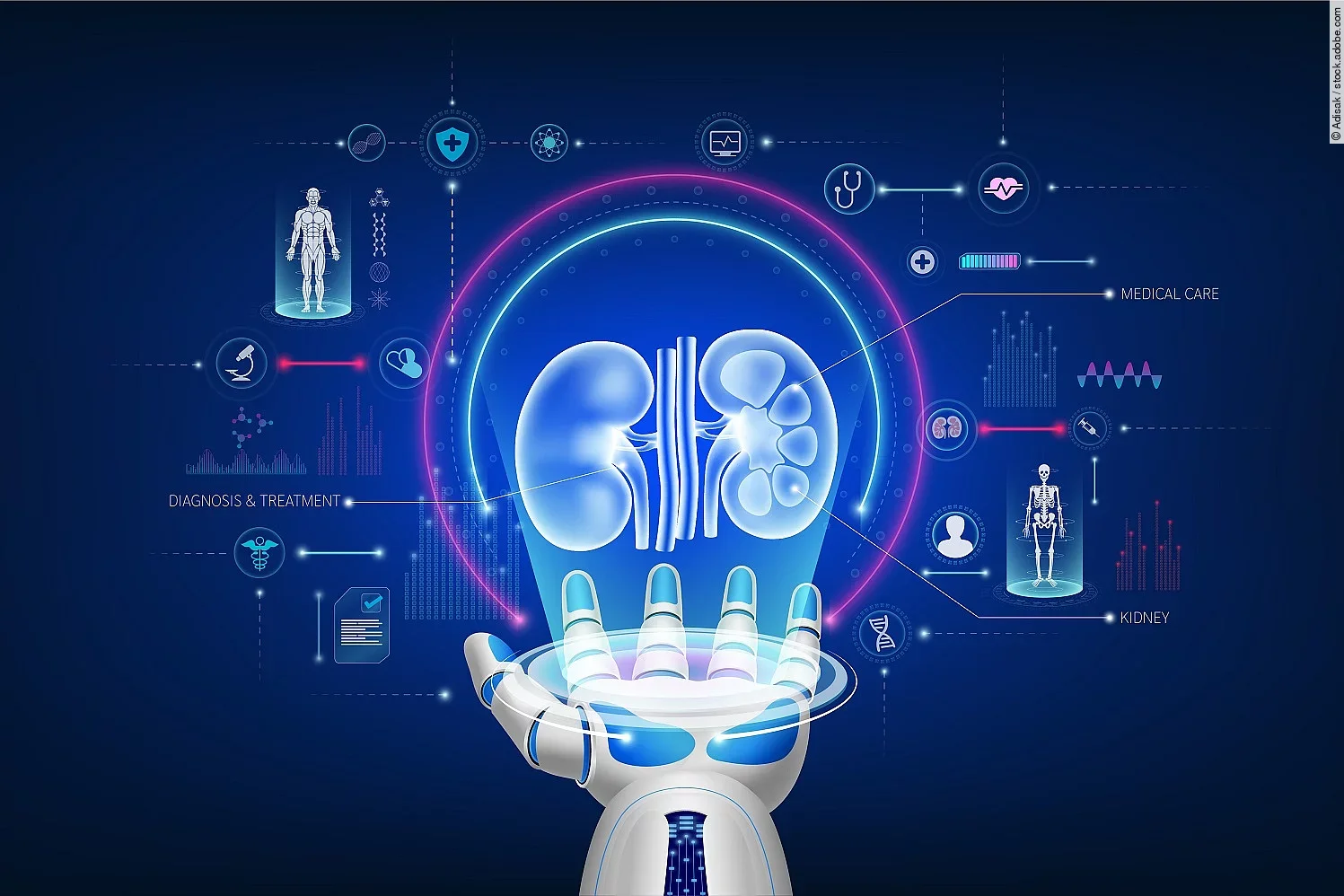 Futuristic medical cybernetic robotics technology. Human kidney virtual hologram float away from robot hand with medical icon. Innovation artificial intelligence robots assist care health. 3D Vector.