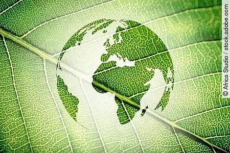 Silhouette of Earth on green leaf texture background.